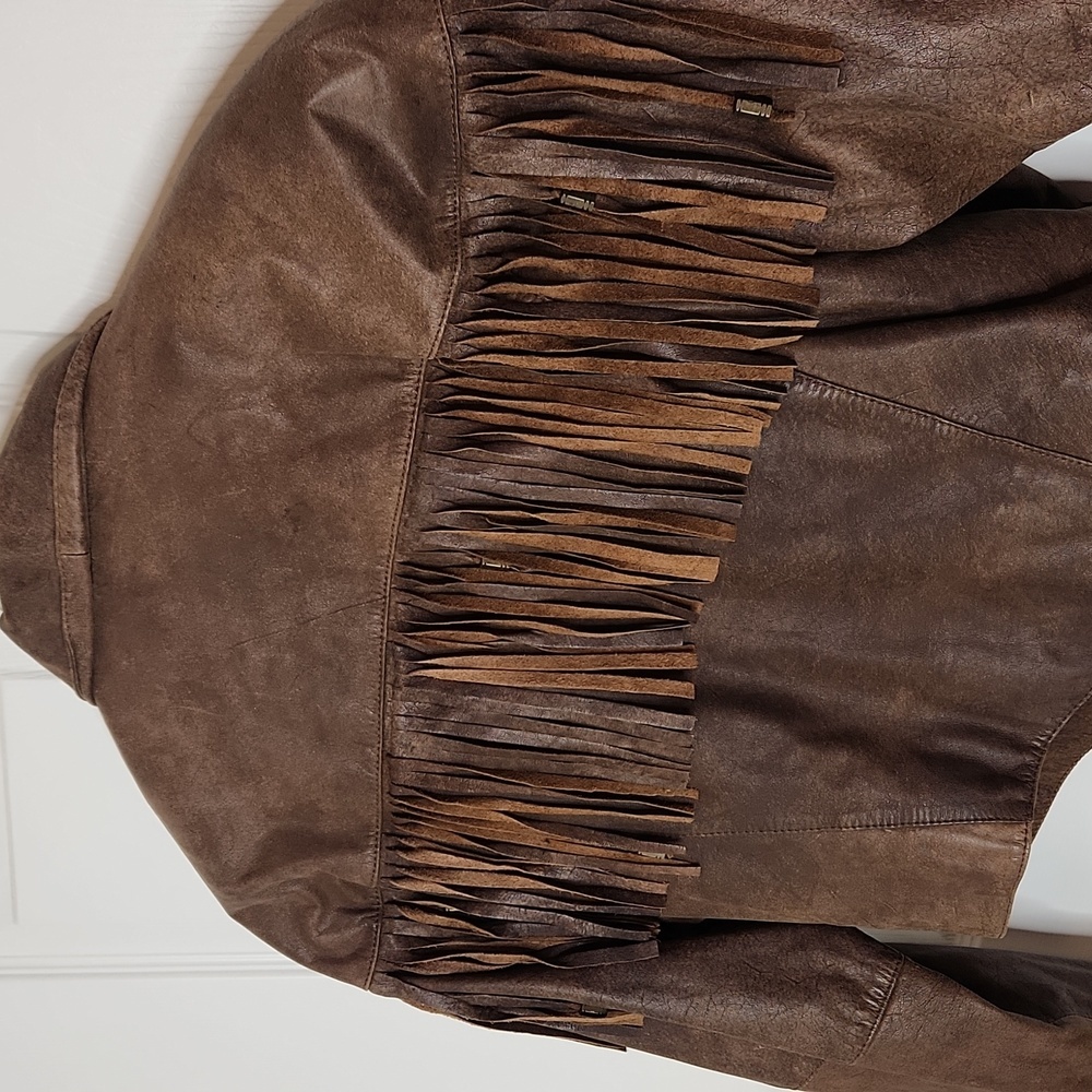 Fidelity leather fringe crop jacket vintage 80's biker moto western - Picture 6 of 16